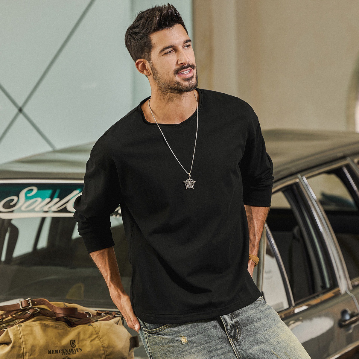 美式復古重磅270g【桃心領】長袖T恤男春季2026新款領打底衫