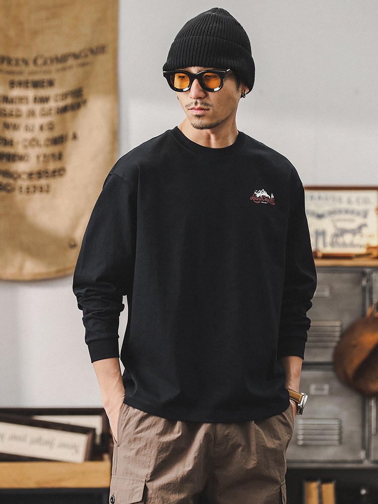 260g重磅双本针男士T恤长袖美式山系印花宽松上衣潮牌衣服男纯棉T