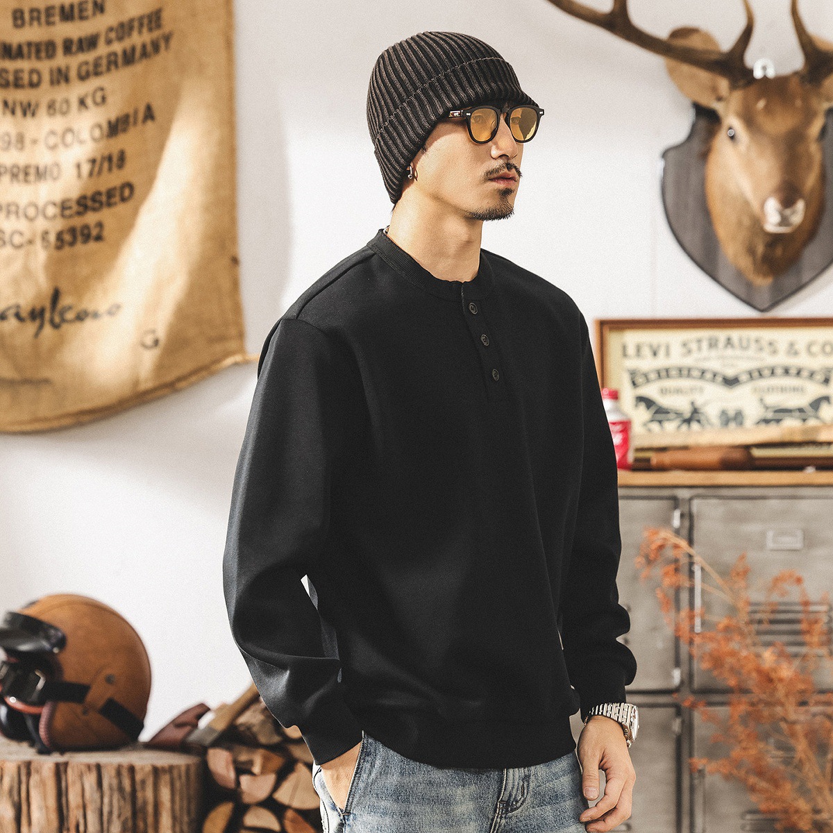 美式復古亨利領衛衣男2026新款春季300g重磅寬鬆休閒男士長袖上衣