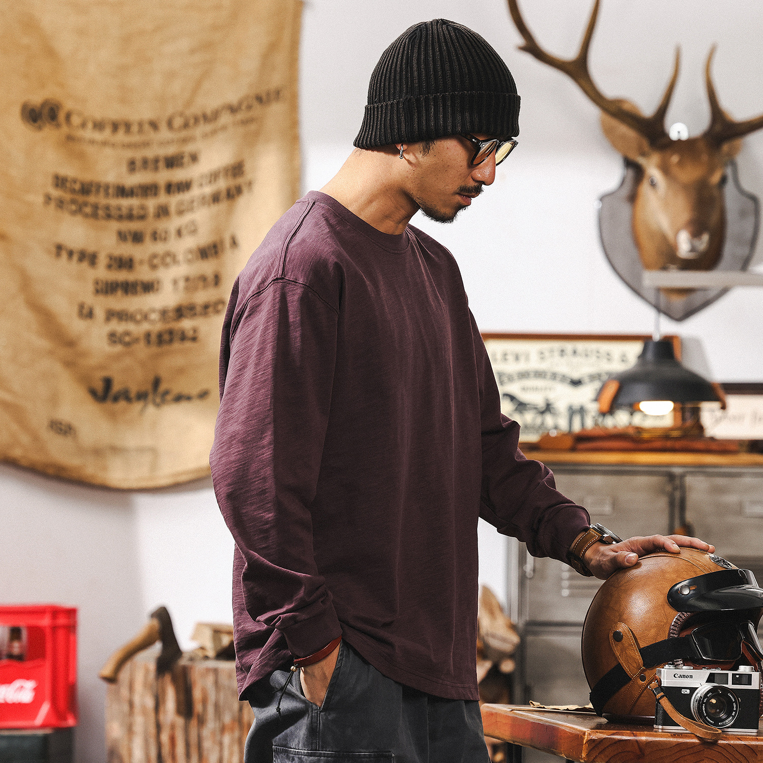 竹節肌理T恤男長袖春秋季2025新款多巴胺紫色寬鬆簡約男士上衣T潮