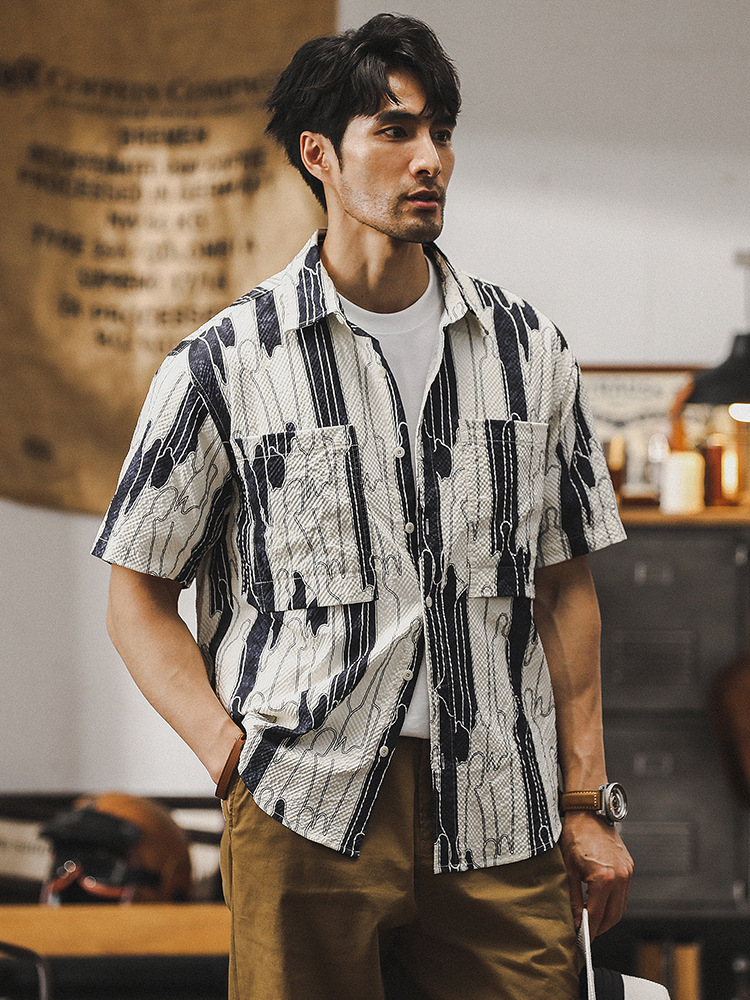 美式復古工裝襯衫男短袖夏季薄款寬鬆條紋夏威夷潮牌休閒男士襯衣