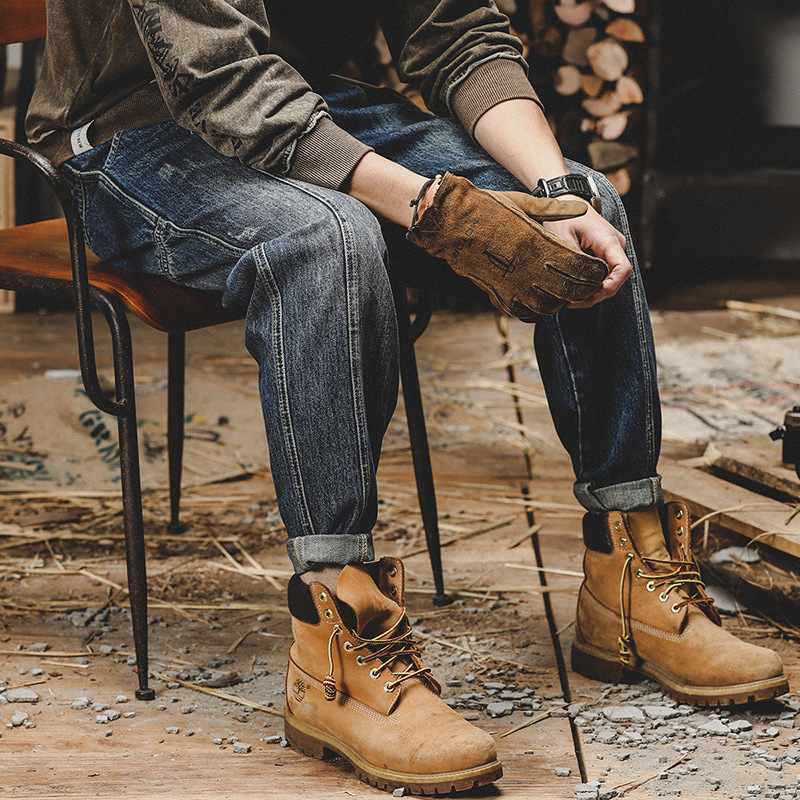 美式復古牛仔褲男寬鬆直筒2024年秋季新款拼接設計款加大碼闊腿褲