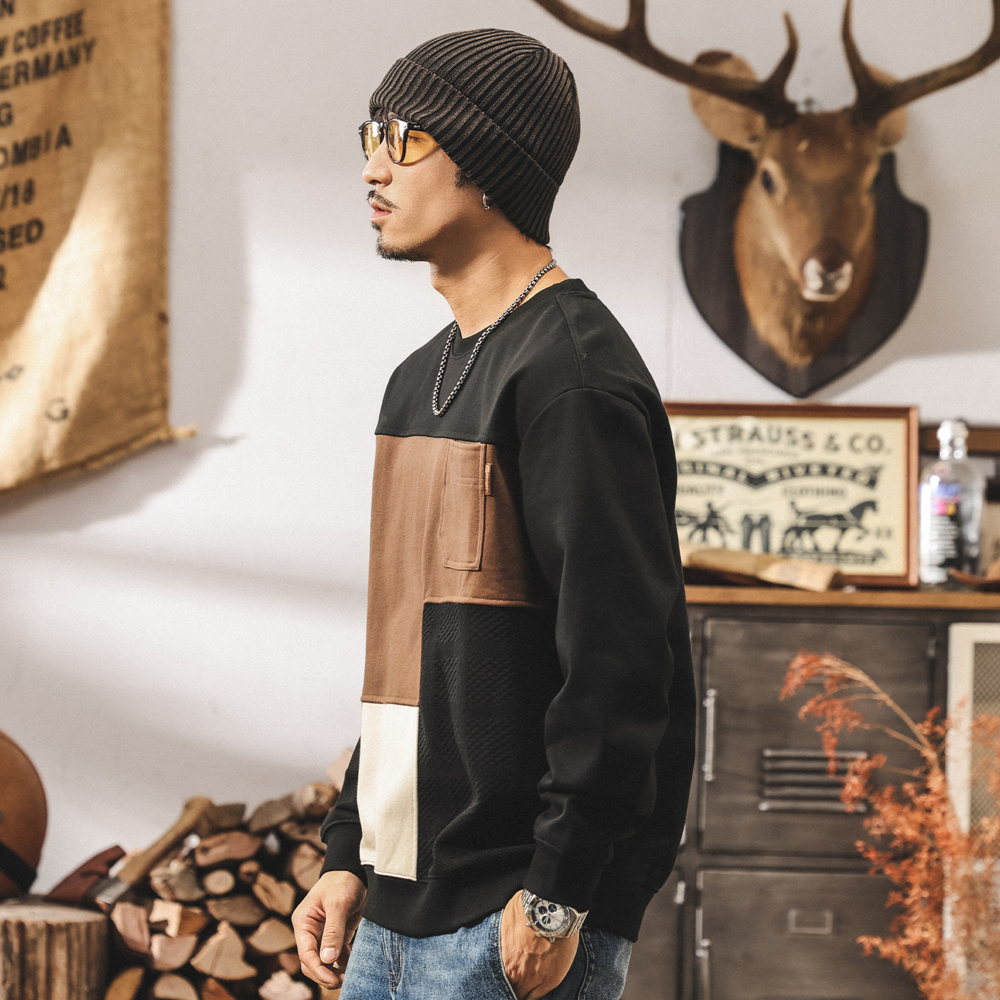 美式復古撞色拼接衛衣男春秋2025新款重磅圓領寬鬆休閒上衣男秋冬