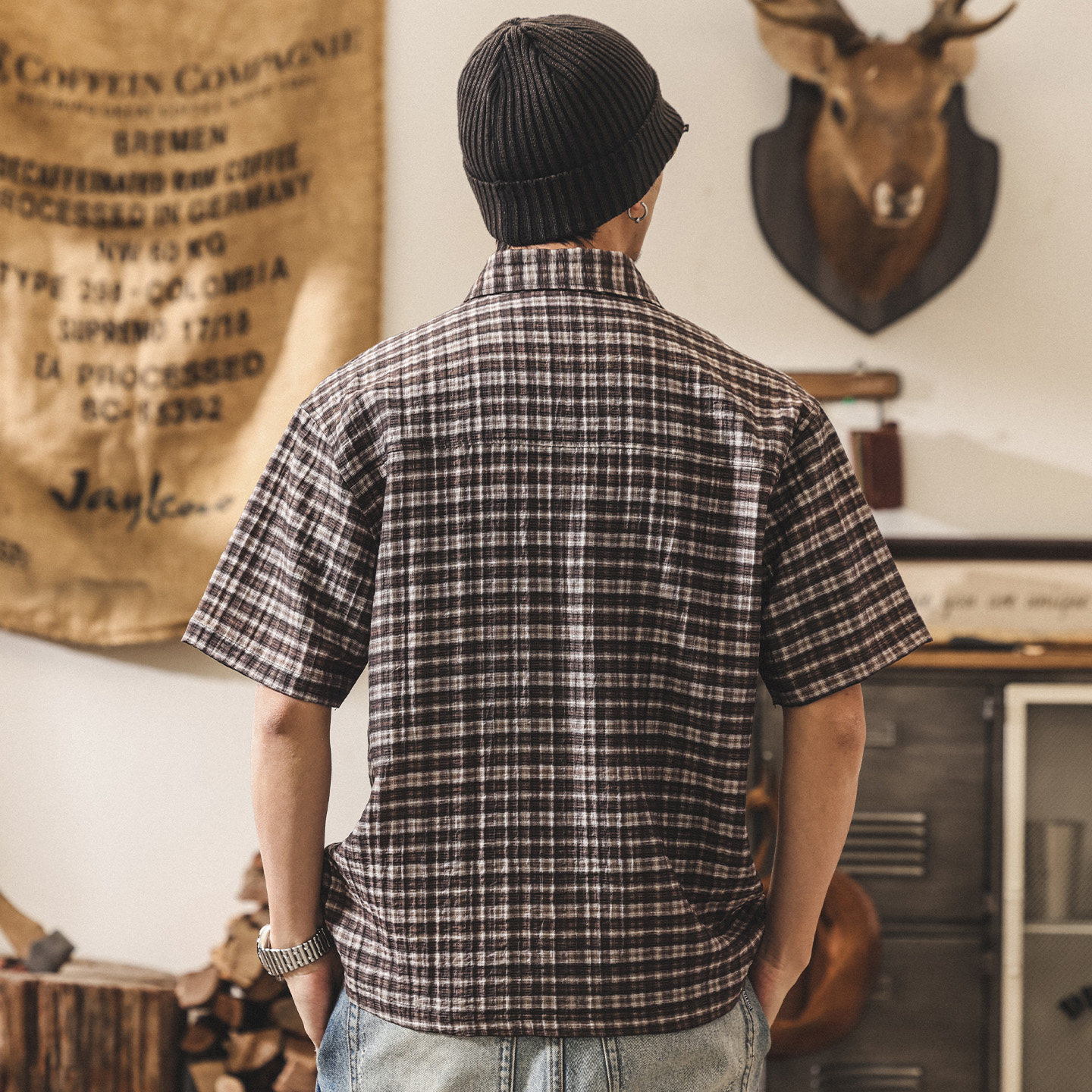 美式復古萊賽爾格子襯衫男短袖夏季薄款潮牌男裝寬鬆半袖男士襯衣