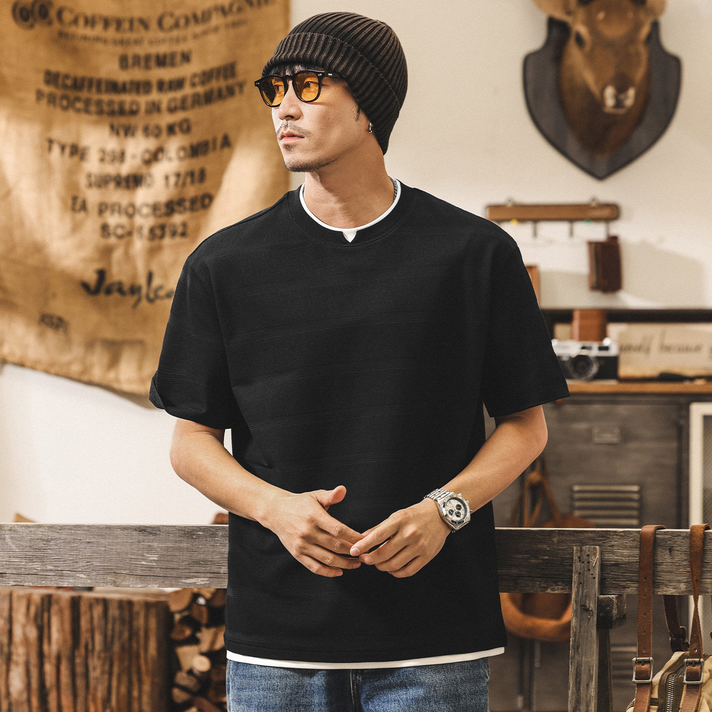 美式復古摩登提花短袖T恤男夏季2026新款寬鬆潮流休閒假兩件上衣