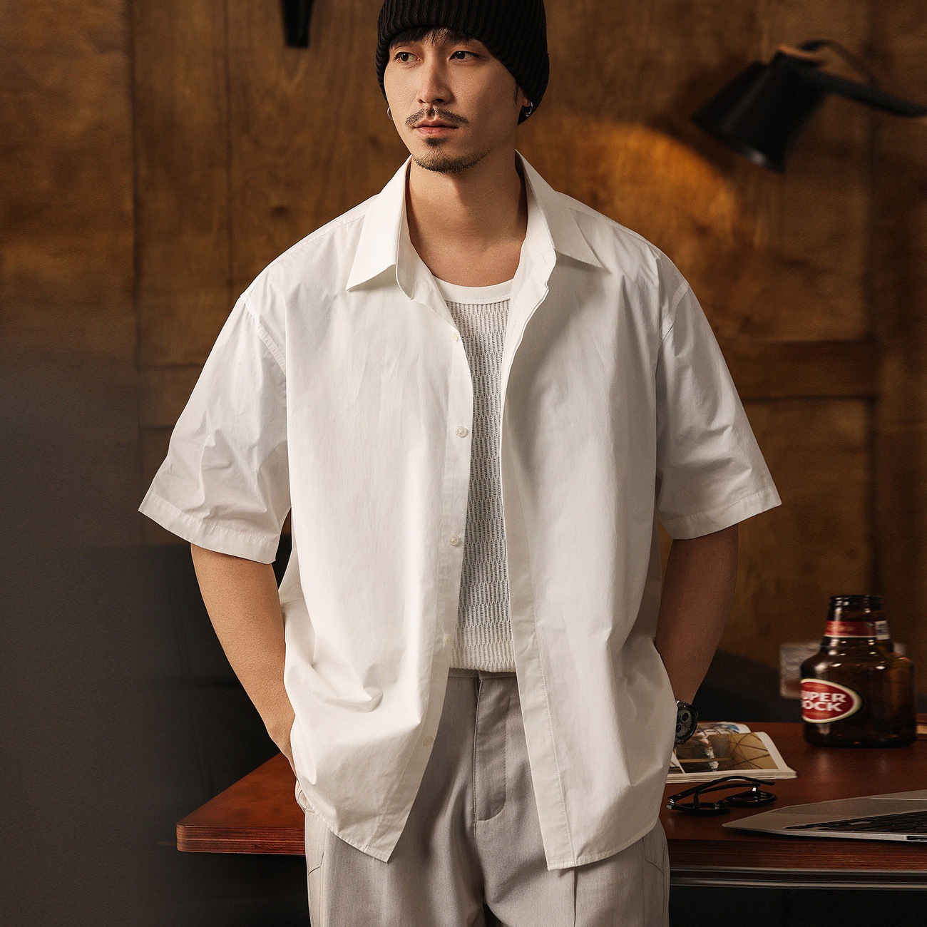 美式復古長絨棉極簡風短袖襯衫男夏季潮牌寬鬆商務休閒白色襯衣男