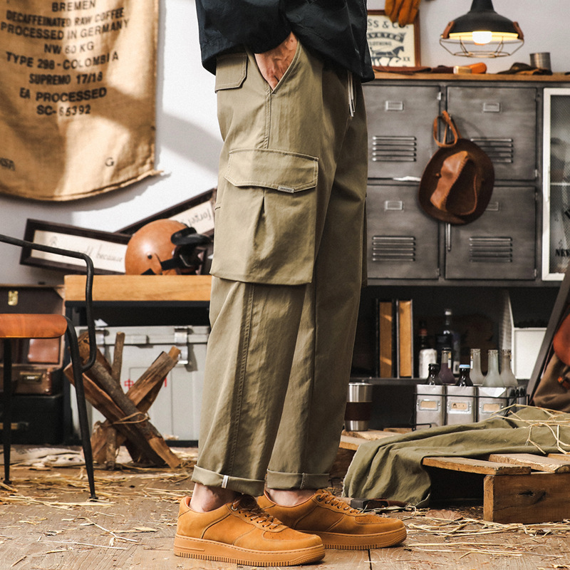 美式復古工裝褲子男秋季潮牌卡其色褲子男春秋寬鬆直筒男士休閒褲