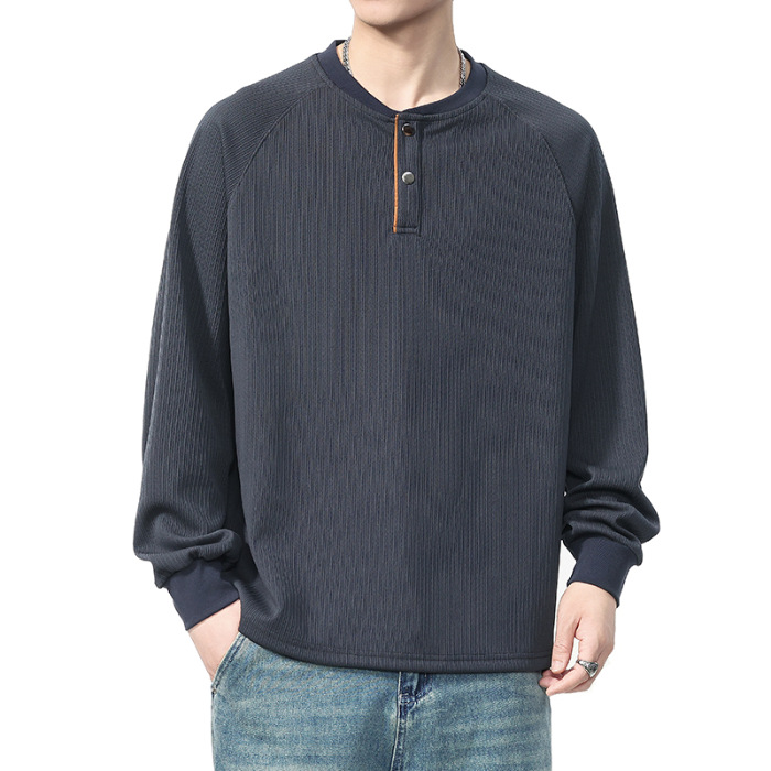 美式復古280g重磅長袖t恤男寬鬆秋季新款條紋肌理亨利領polo衫男