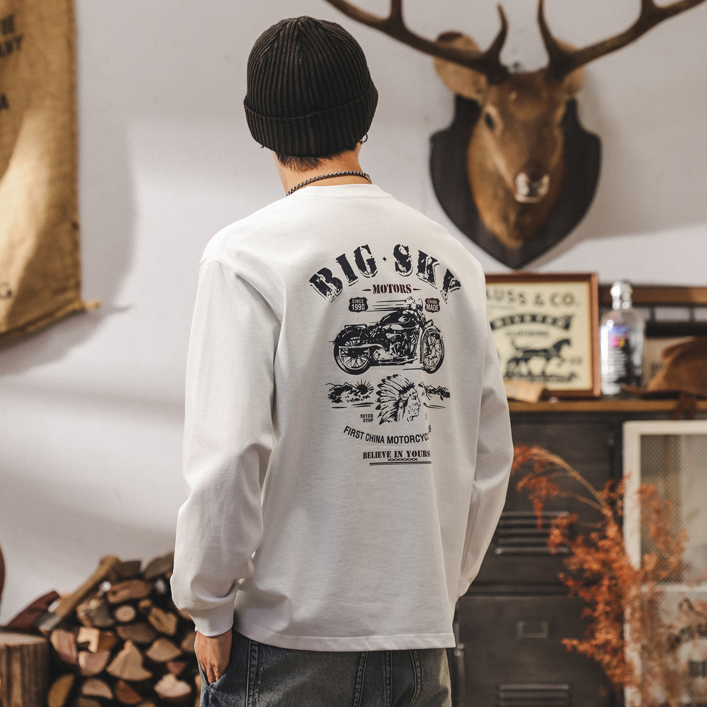 美式復古重磅t恤男長袖春秋新款潮牌機車印花寬鬆休閒純棉上衣男T