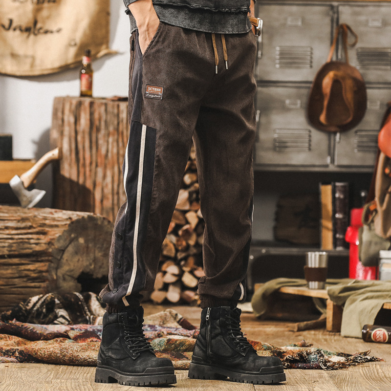 美式復古重磅休閒衛褲男秋冬款潮流條紋長褲子男士拼接束腳工裝褲