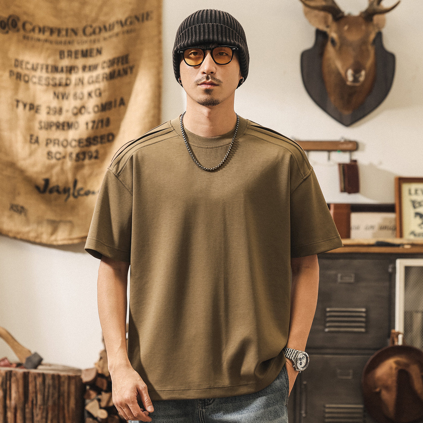 7A抗菌涼感果凍棉短袖T恤男夏季拼接解構潮流寬鬆休閒美式上衣男