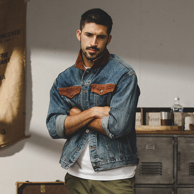 美式復古做舊牛仔外套男秋冬款潮牌寬鬆潮流痞帥翻領工裝夾克上衣
