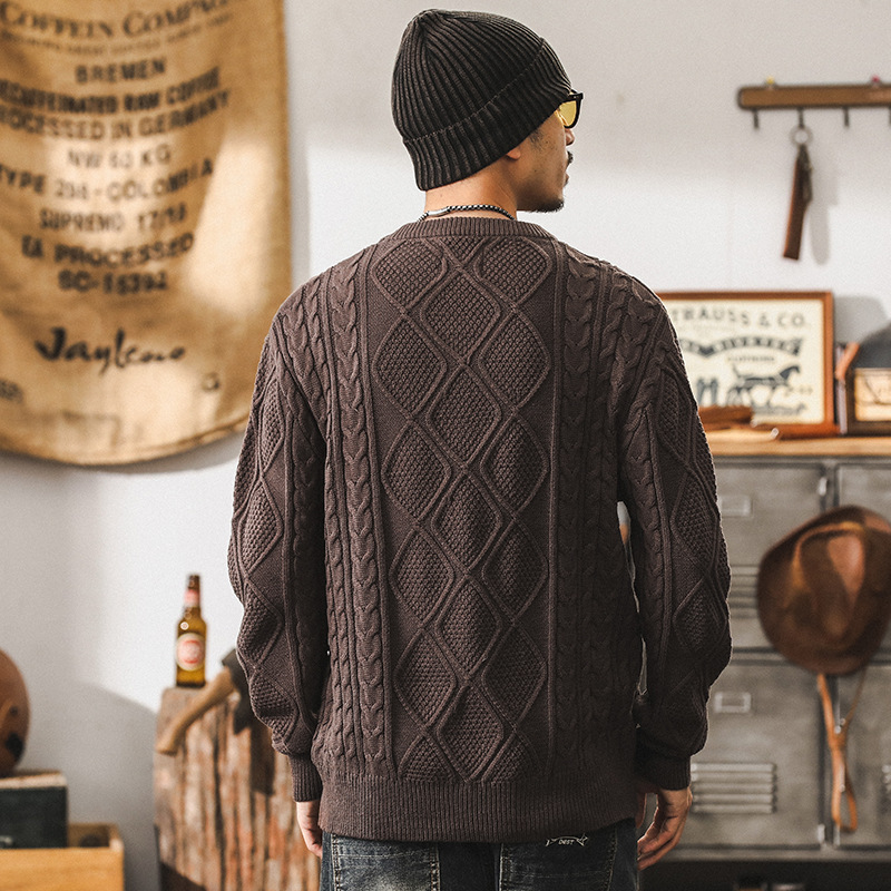 美式重磅復古毛衣男冬季加厚慵懶風潮牌寬鬆大碼扭花粗線針織衫男