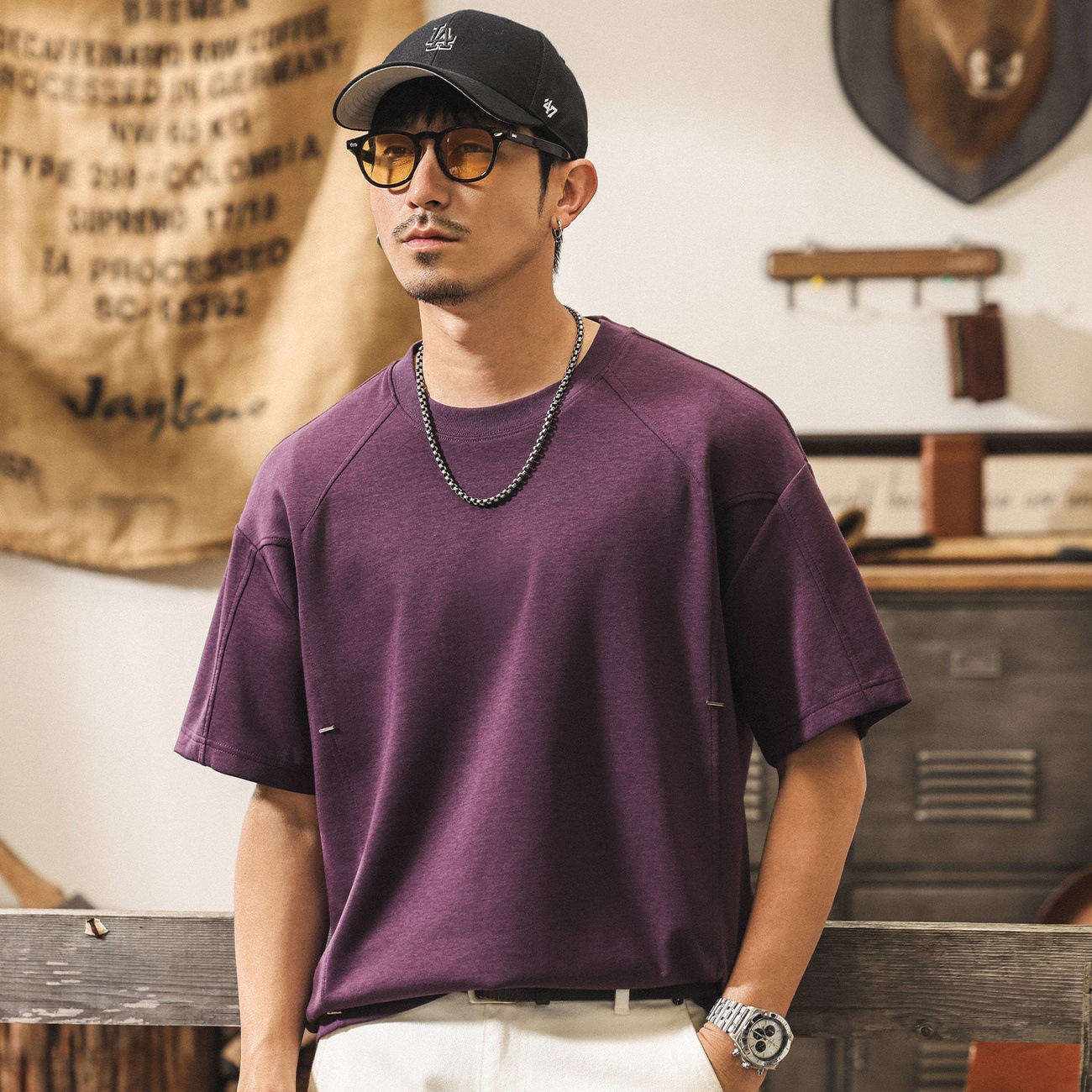 7A抗菌涼感果凍棉T恤男夏季新款美式短袖潮流紫色多巴胺男士上衣