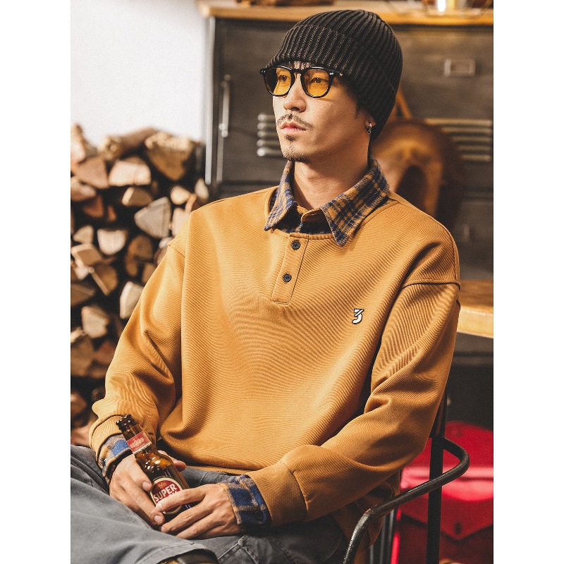 美式復古360g重磅衛衣男秋季潮牌寬鬆休閒襯衫領假兩件外套男春秋