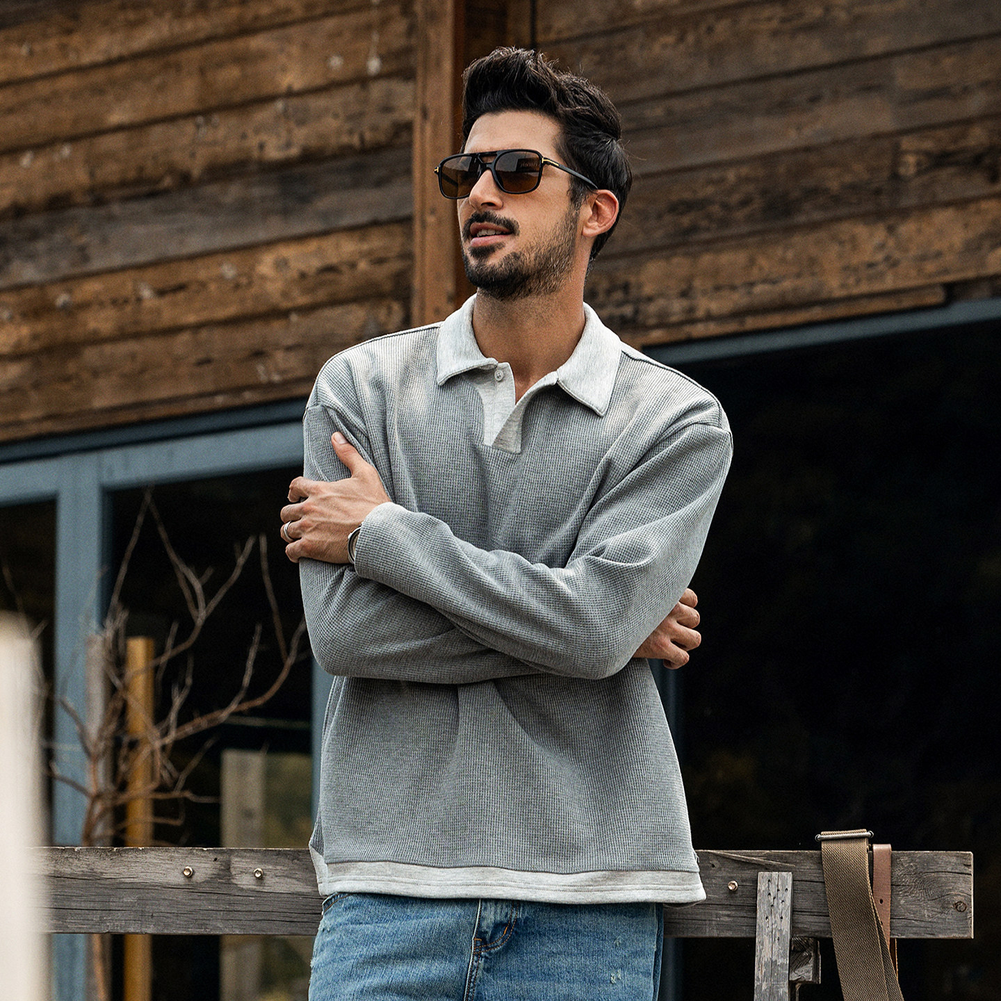 美式重磅復古polo衫男長袖春秋新款潮牌寬鬆華夫格假兩件上衣男款