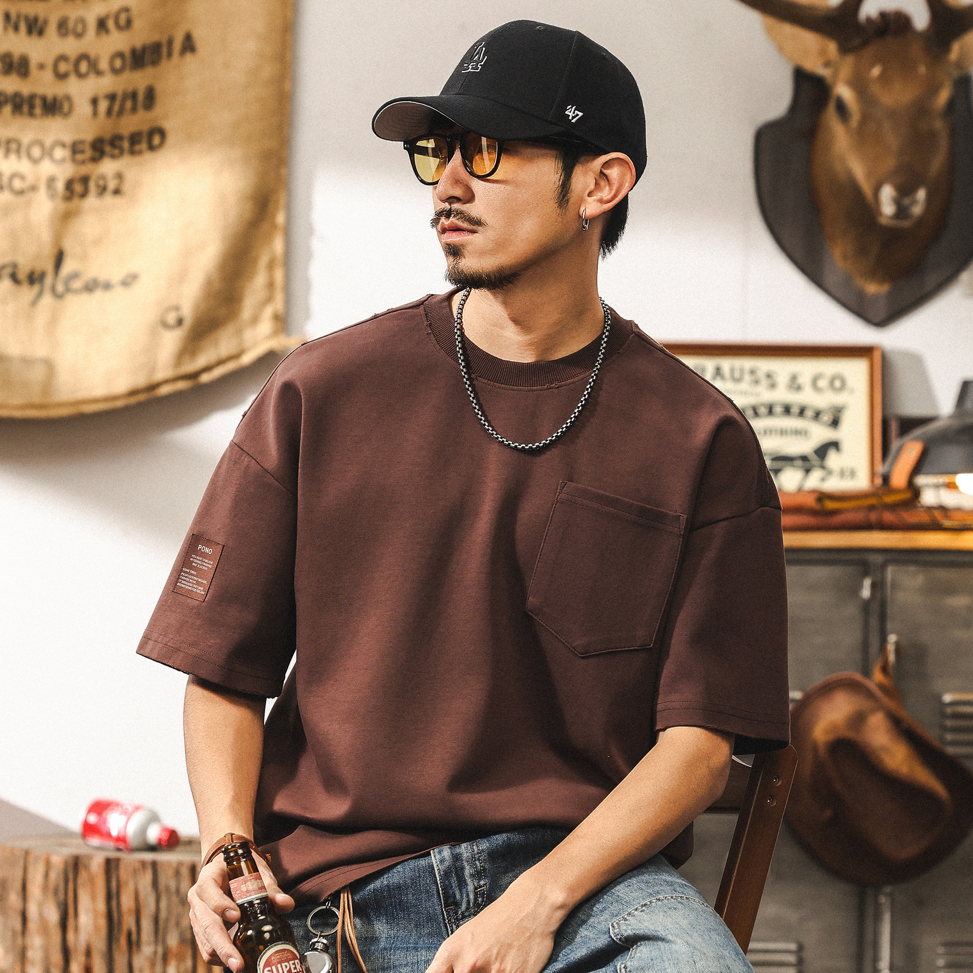 美式復古300g重磅短袖男士T恤夏季潮牌深褐色做舊水洗半截袖體恤