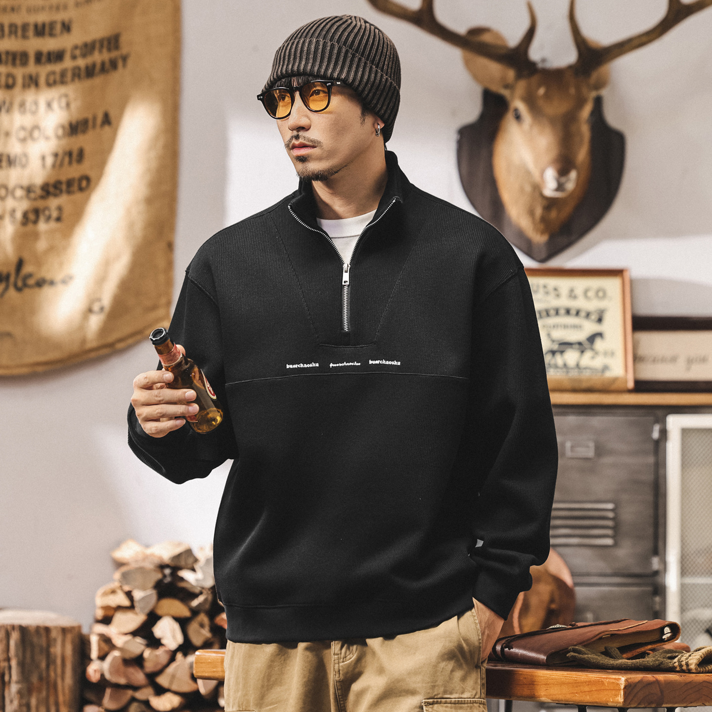 美式復古半拉鍊黑色衛衣男春秋寬鬆新款400g重磅潮牌男士秋季外套