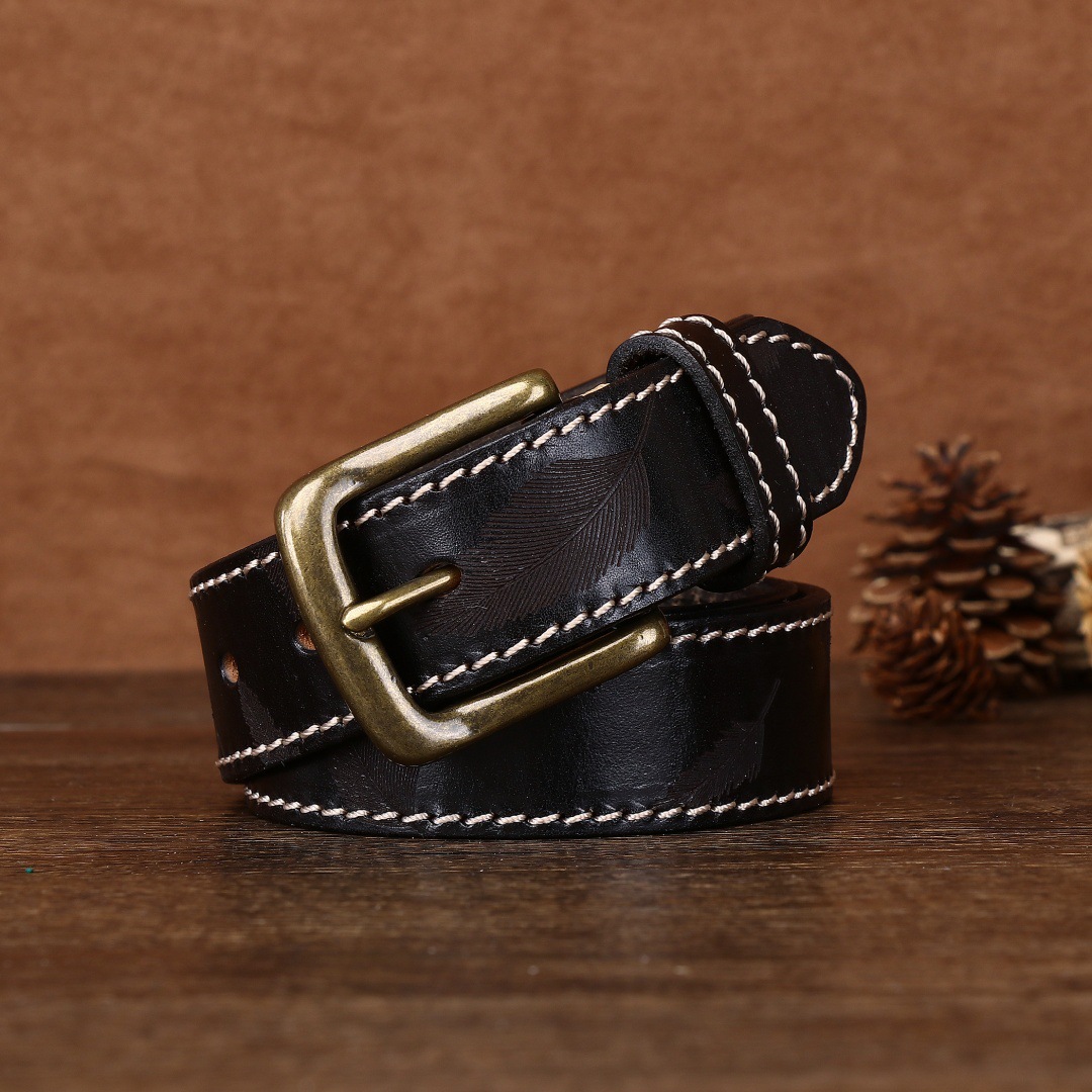 3.4CM男女腰帶激光雕刻復古頭層牛皮皮帶個性銅釦休閒腰帶