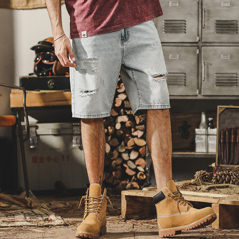 杰雷諾美式經典復古乞丐破洞牛仔短褲男寬鬆潮流夏季休閒五分褲男