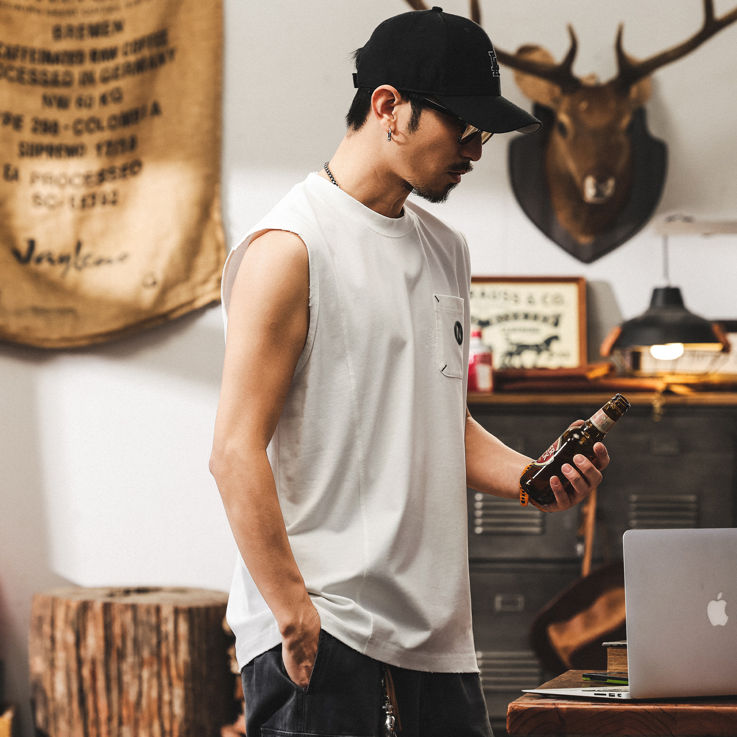 美式復古透氣運動健身背心男夏季無袖男T恤寬鬆白色坎肩上衣