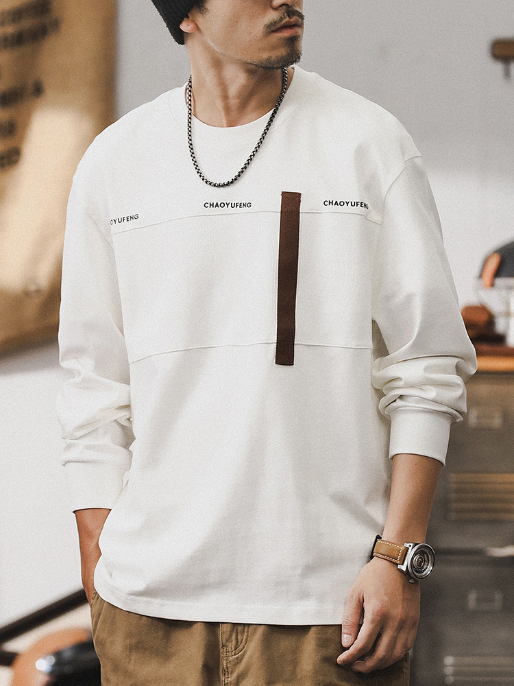 美式潮牌重磅長袖t恤男秋季2024新款撞色潮流休閑寬松上衣男