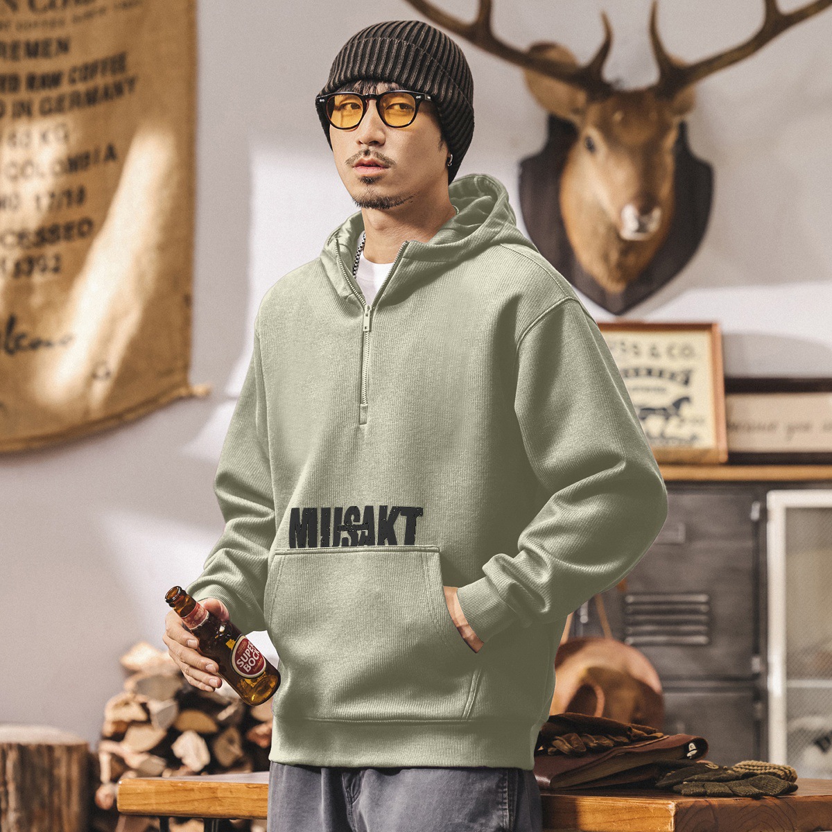 美式復古重磅半拉鍊衛衣男連帽春秋2025新款紫色潮流寬鬆外套秋季