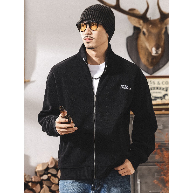 美式復古歐棉絨380g重磅衛衣男春秋潮牌新款寬鬆半高領針織外套男