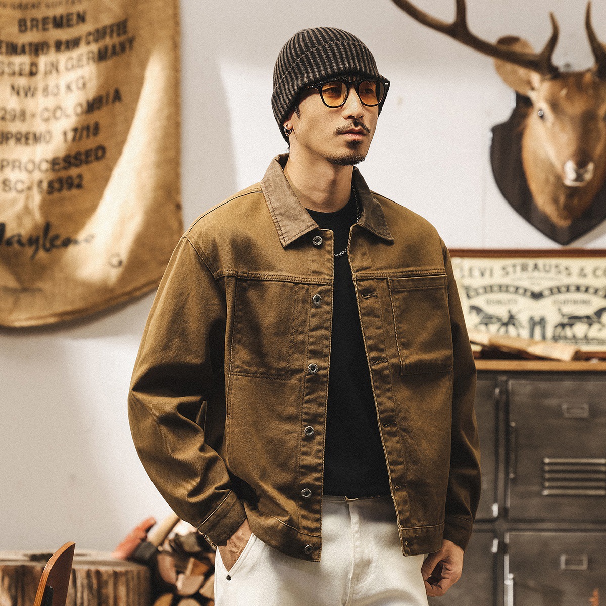 美式復古重磅穀倉工裝夾克男春秋新款潮牌寬鬆巴恩風翻領外套男款