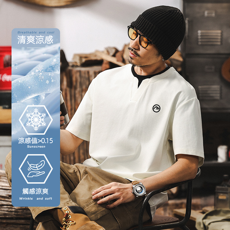 假兩件T恤2025新款短袖男夏季美式復古潮牌撞色疊穿涼感休閒上衣