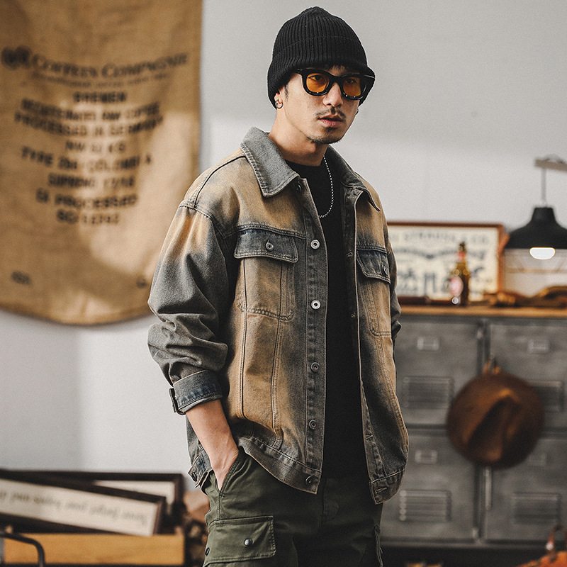 美式經典復古做舊牛仔外套男春季痞帥個性賽博朋克廢土風工裝夾克