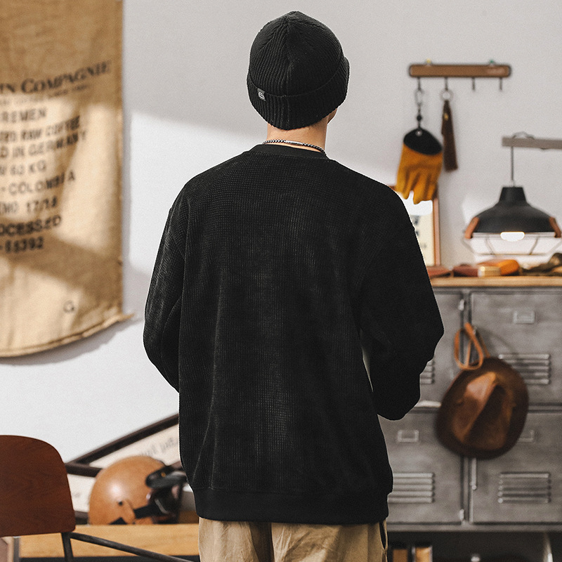 美式重磅華夫格衛衣男春秋款潮牌高級感拼接撞色寬松休閑男士上衣