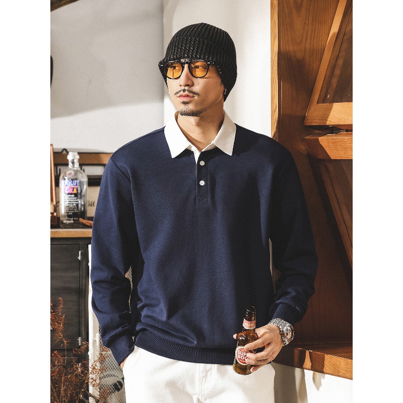 美式復古280g重磅衛衣男春秋款寬鬆撞色翻領Polo衫男長袖休閒上衣