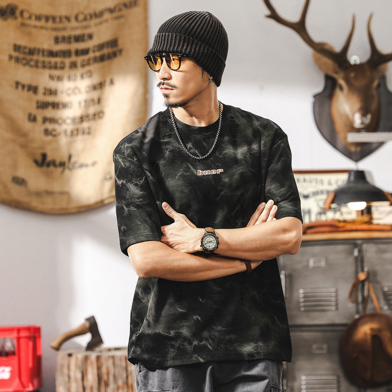 240g重磅短袖美式高街T恤男夏季寬鬆潮流設計感紮染男士半袖上衣T