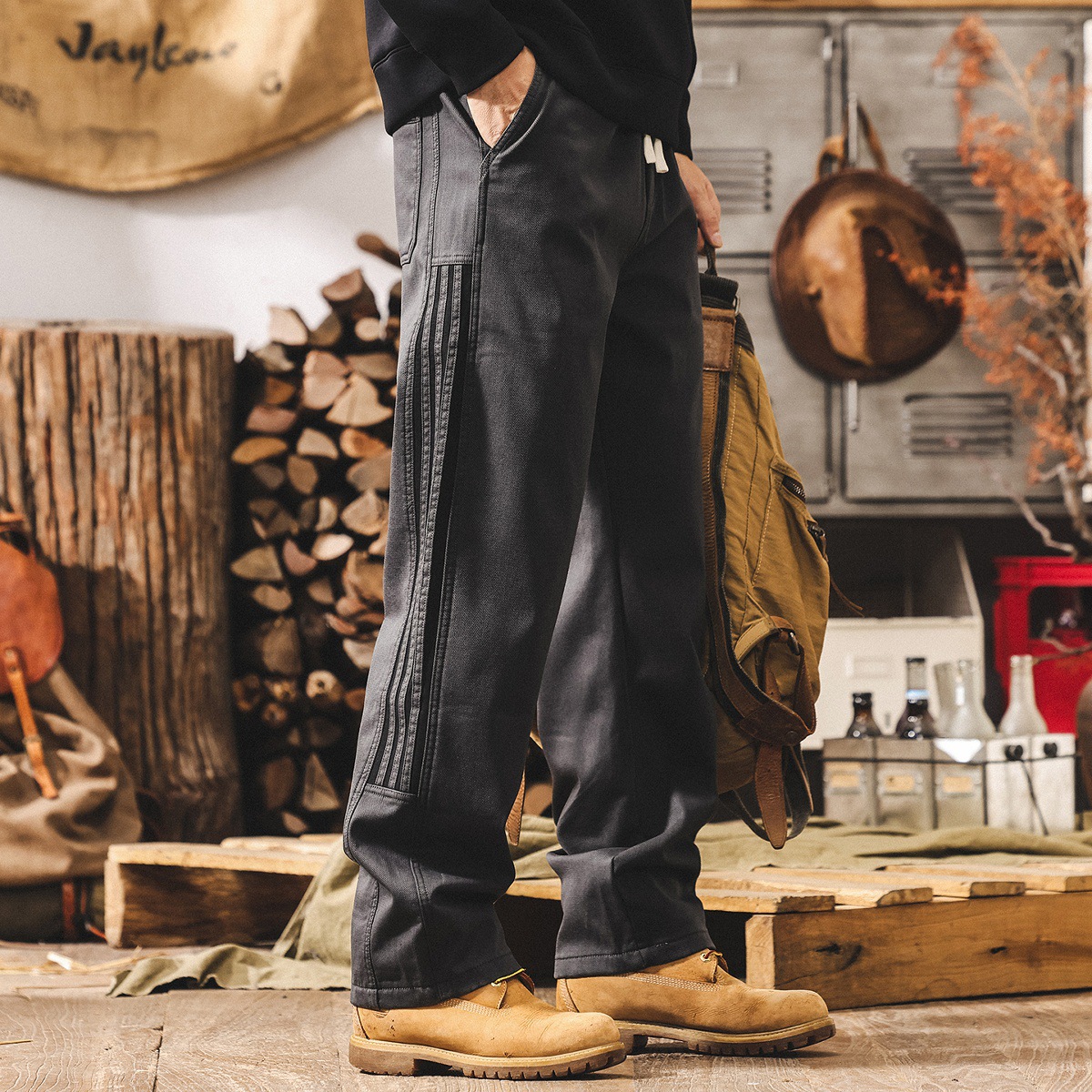 美式復古三條杠條紋加絨工裝褲子男直筒冬季加厚潮牌寬鬆休閒褲男