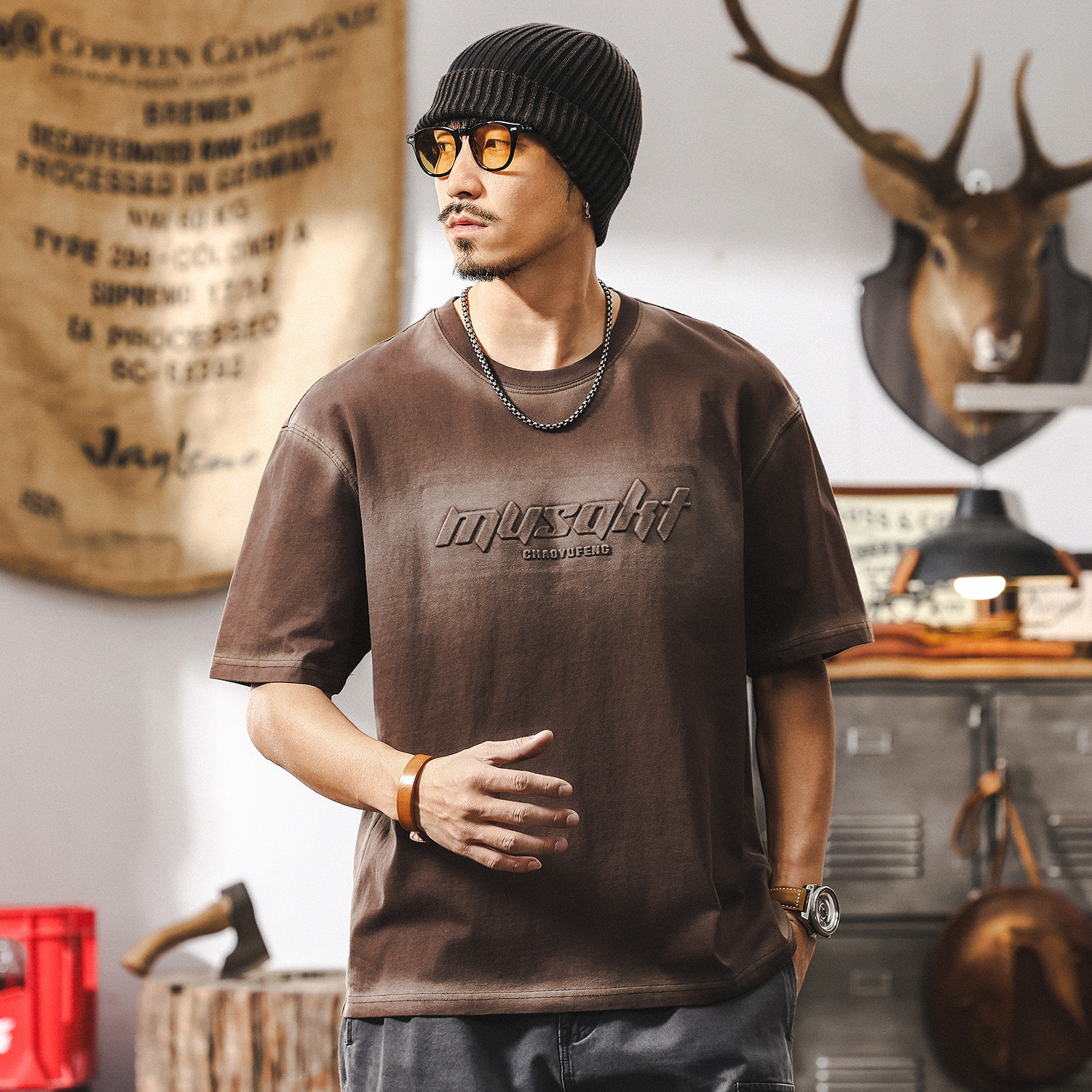 美式復古260g重磅男T恤短袖夏季高級感鋼印立體水洗漸變體恤