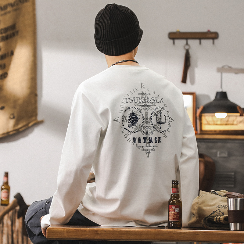 美式重磅長袖T恤男秋季潮牌創意印花體恤男士寬鬆設計感白色上衣T