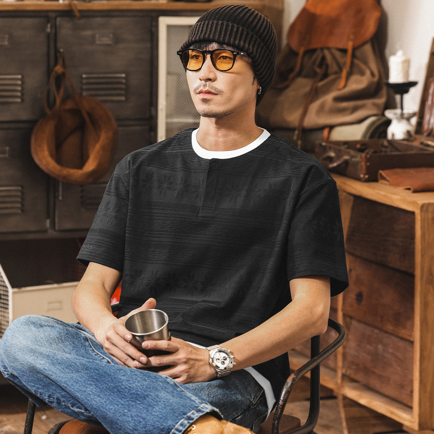 費爾島提花短袖T恤男夏季新款潮流美式復古假兩件寬鬆休閒上衣男