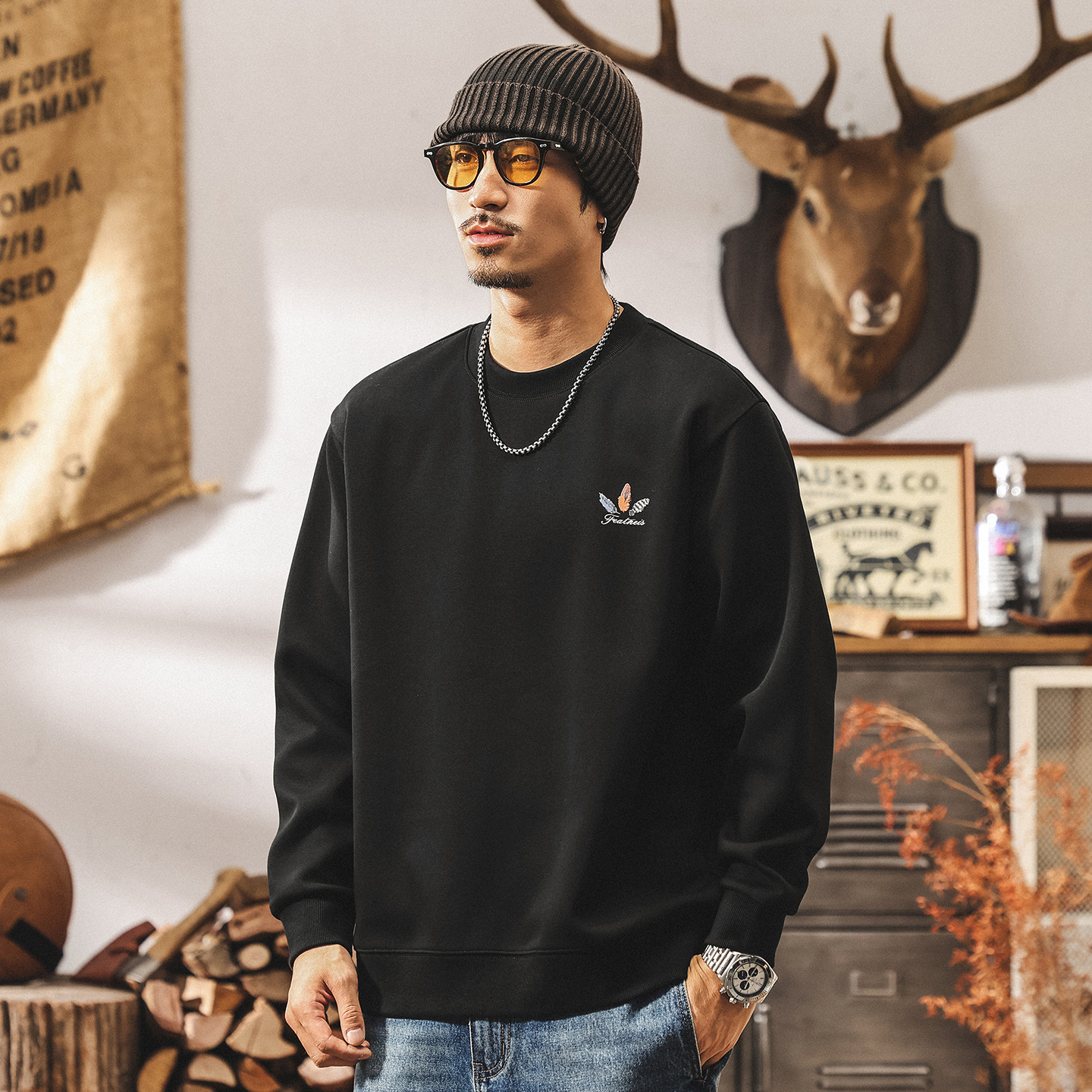 美式復古360g重磅衛衣男春秋新款潮流印花寬鬆圓領套頭長袖上衣男