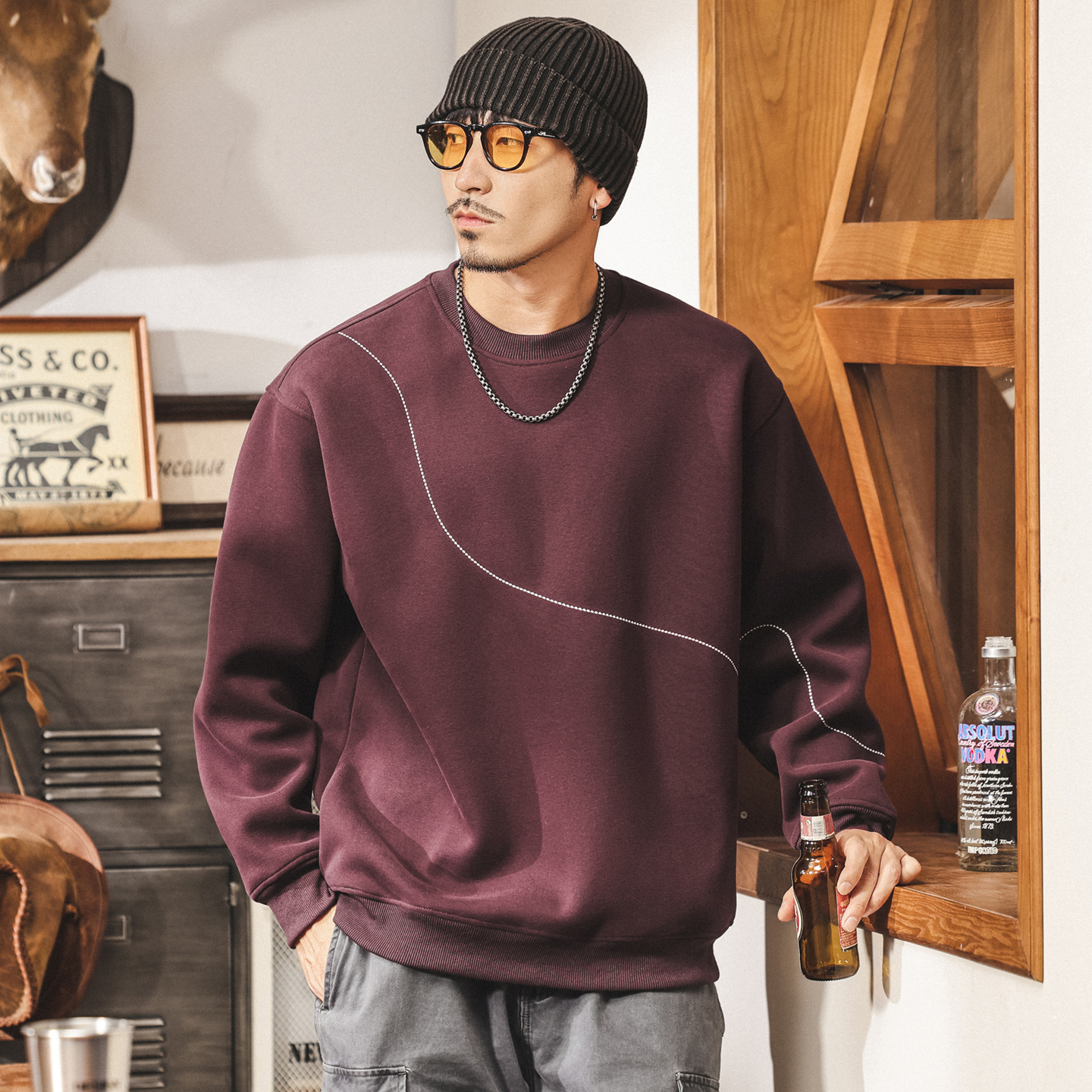 美式復古圓領套頭衛衣男款重磅春秋新款明線設計寬鬆男士秋季上衣