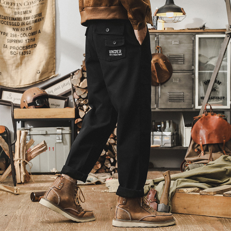 美式經典黑色工裝褲子男直筒秋季潮牌重磅寬松多口袋男士休閑長褲