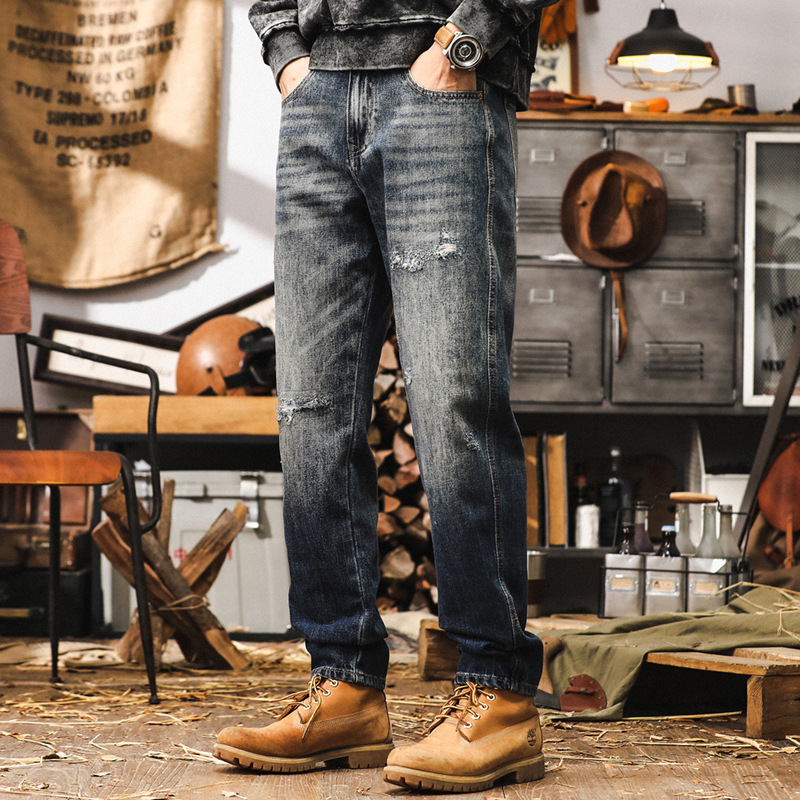 美式復古潮牌褲子男秋季2024新款破洞牛仔褲男款直筒寬鬆休閒褲男
