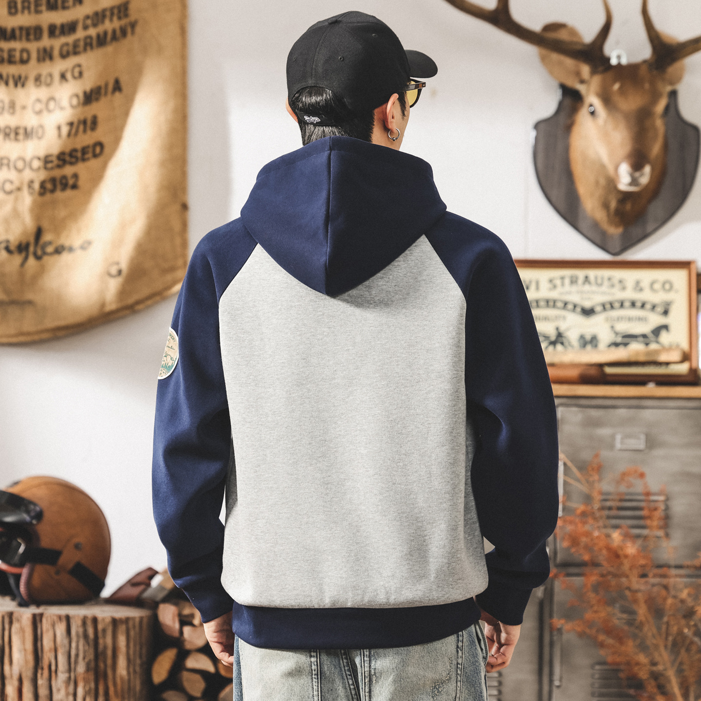 美式復古390g重磅衛衣男連帽刺繡山系潮牌拼接寬鬆休閒秋冬外套男