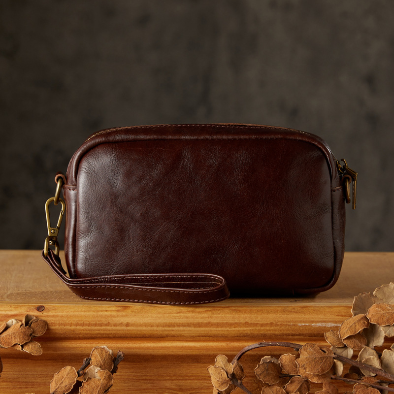 手工真皮手拿包男士多功能復古個性手包植鞣牛皮單肩斜挎包手機包