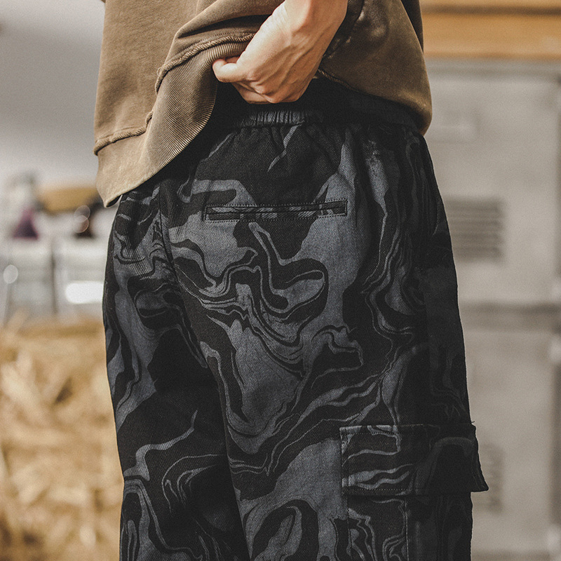 美式迷彩工裝褲子男冬季加厚寬鬆大碼男士休閒褲加絨闊腿束腳褲男