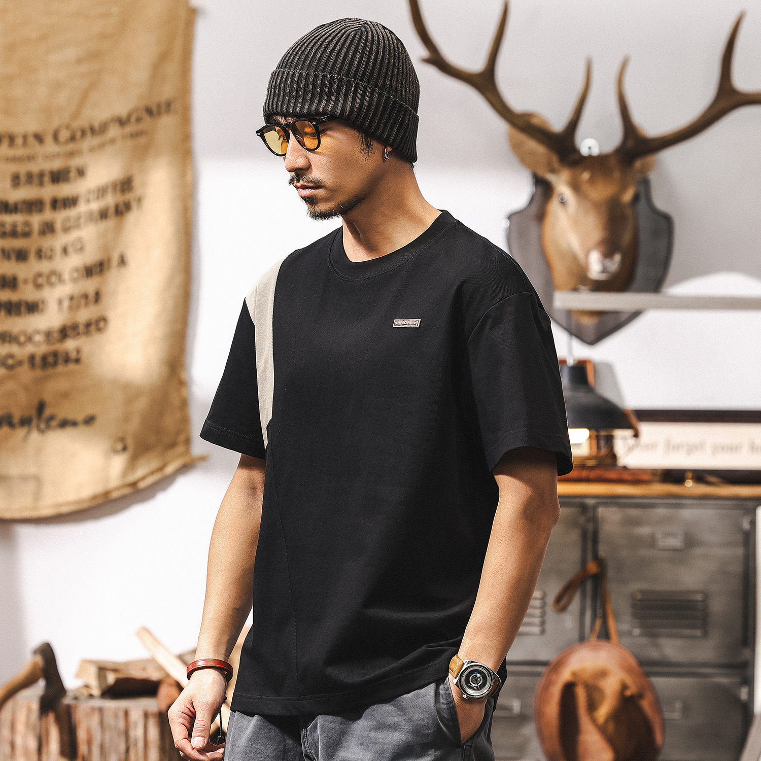 美式潮牌拼接撞色肌理感T恤男夏季短袖時尚潮流寬鬆半袖男士上衣