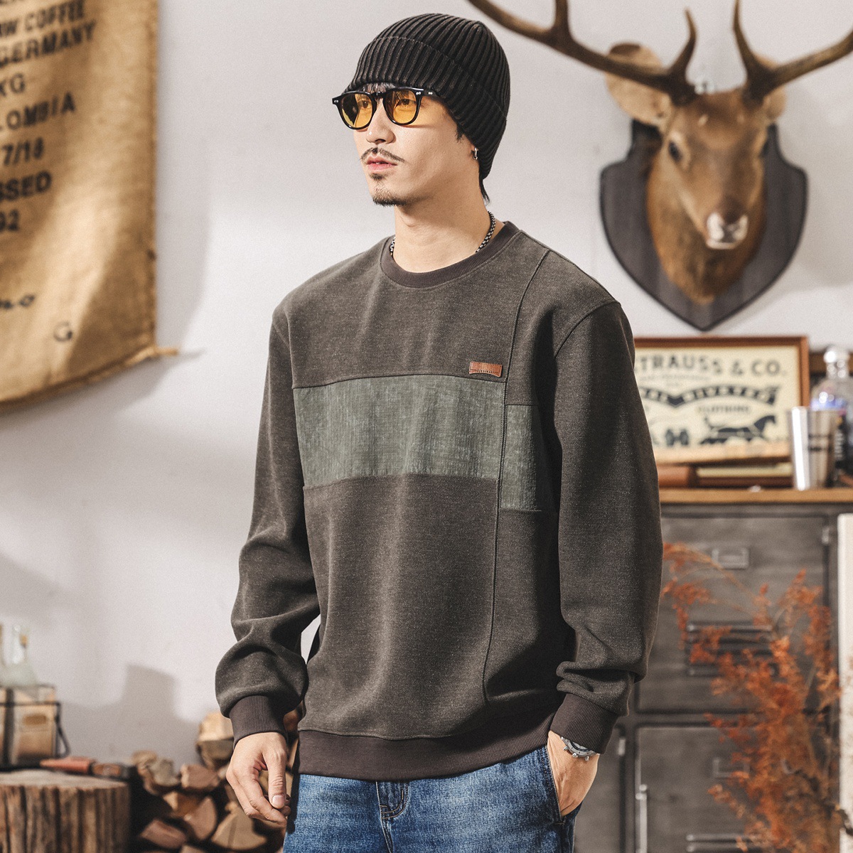 美式復古加絨衛衣男冬季加厚2025新款潮牌撞色拼接寬鬆長袖上衣男