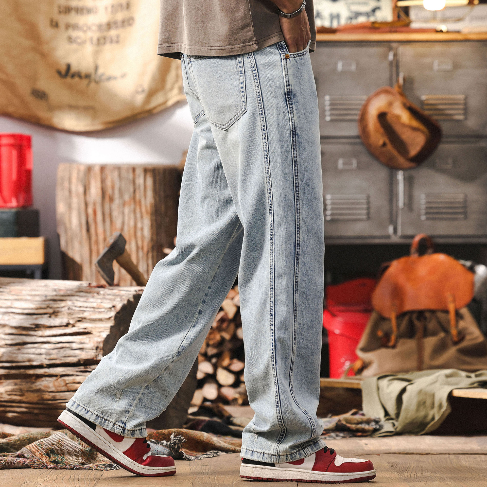 側骨拼接水洗牛仔褲男春季2025新款美式復古潮流寬鬆直筒休閒長褲