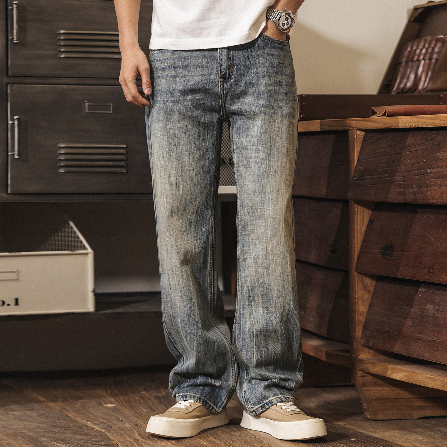 美式復古竹節肌直筒牛仔褲男款2026新款春季寬鬆潮牌水洗休閒長褲