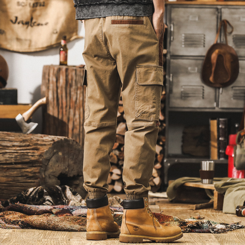 美式復古工裝褲子男秋季2024新款潮牌戶外束腳褲男士卡其色休閒褲